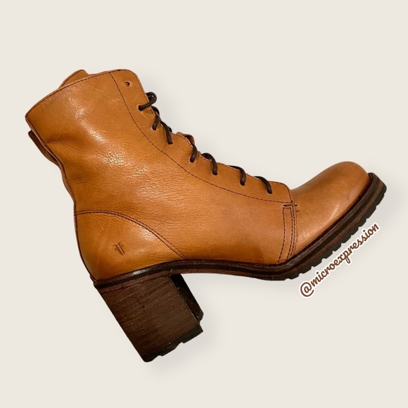 Frye Karen Cognac Tan Leather Combat Lace Up Combat Wood Block Heel Ankle Boot - Picture 15 of 16